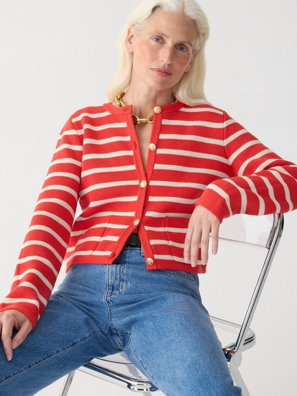 NWT J.Crew Emilie Sweater Lady Jacket in Red Ivory Stripe Knit Cardigan XS